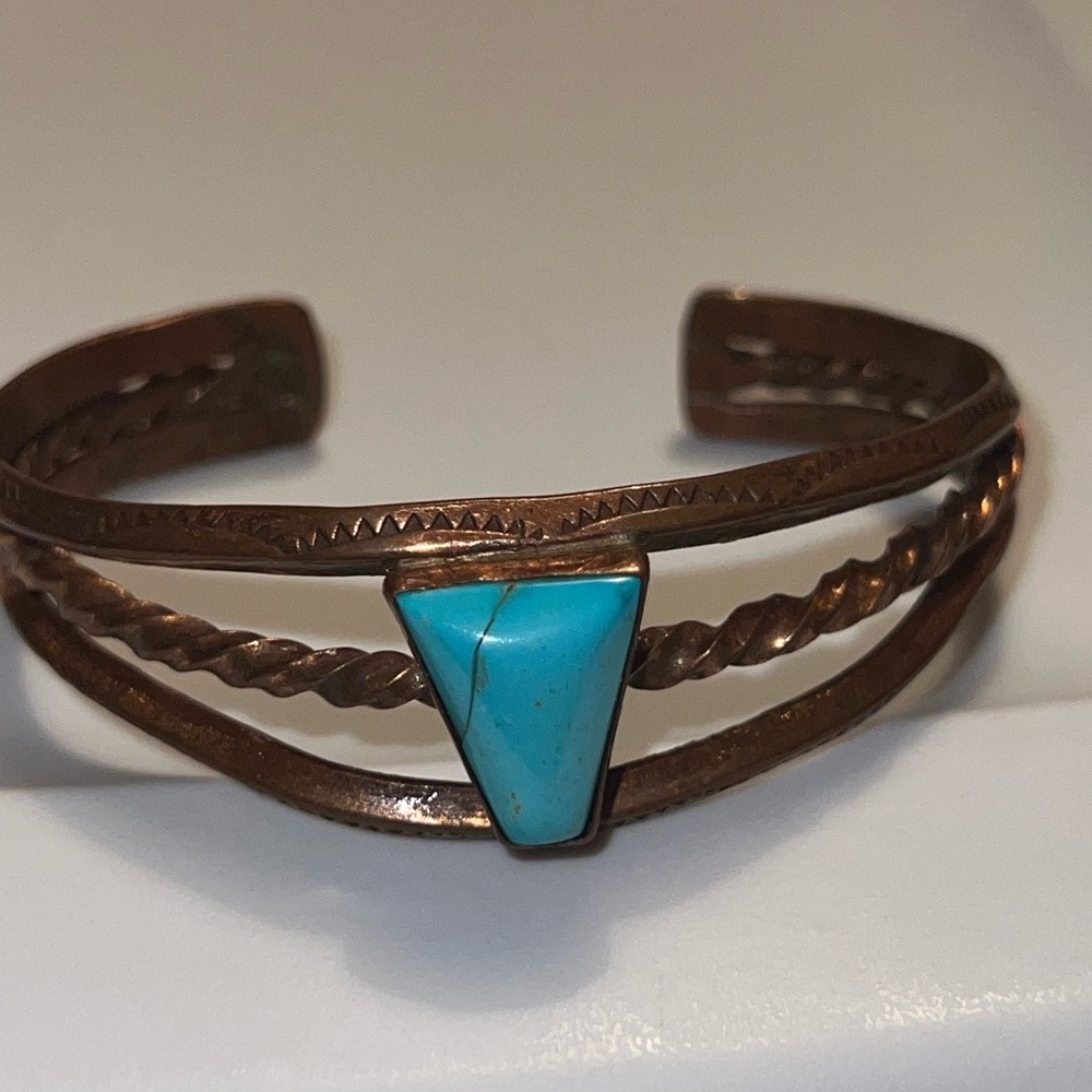 1950s Native American Made Copper Turquoise Cuff Bracelet mid century souvenir